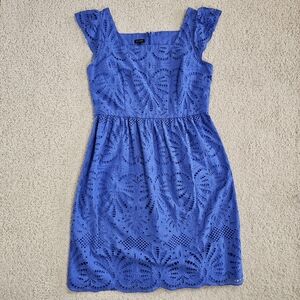 Talbots Dress Eyelet Blue Knee Length Ruffle Womens 12 Spring Easter Modest Zip